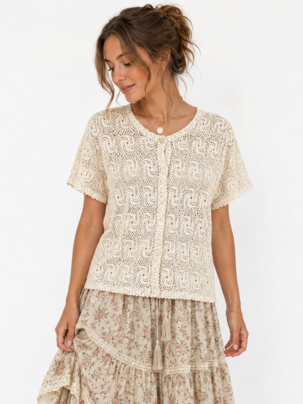 Vintage Hand Crocheted Cardigan S Cream Boho Cottagecore 70s 80s
